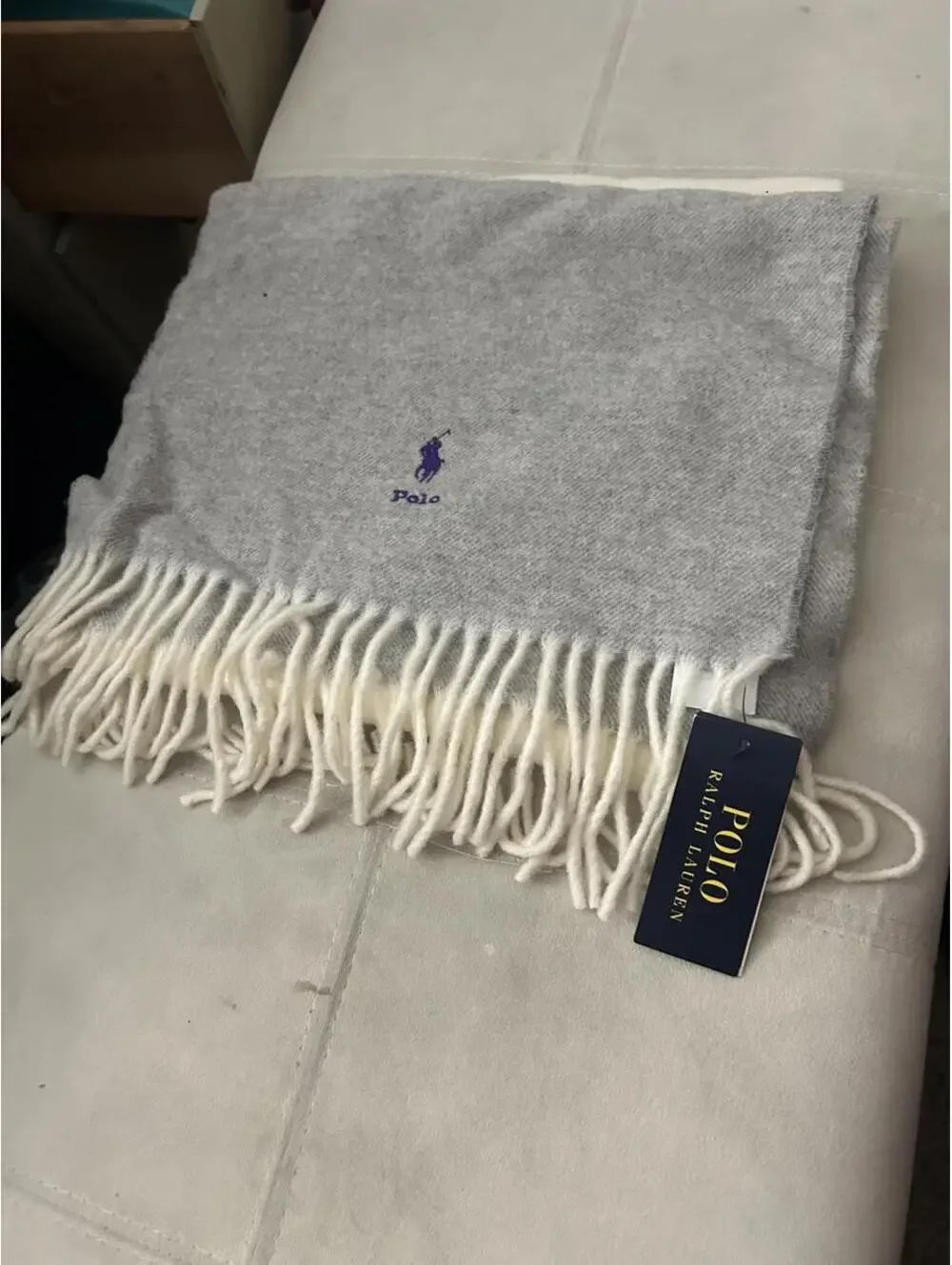 NWT Polo Ralph Lauren gray & white scarf with purple pony logo and fringe